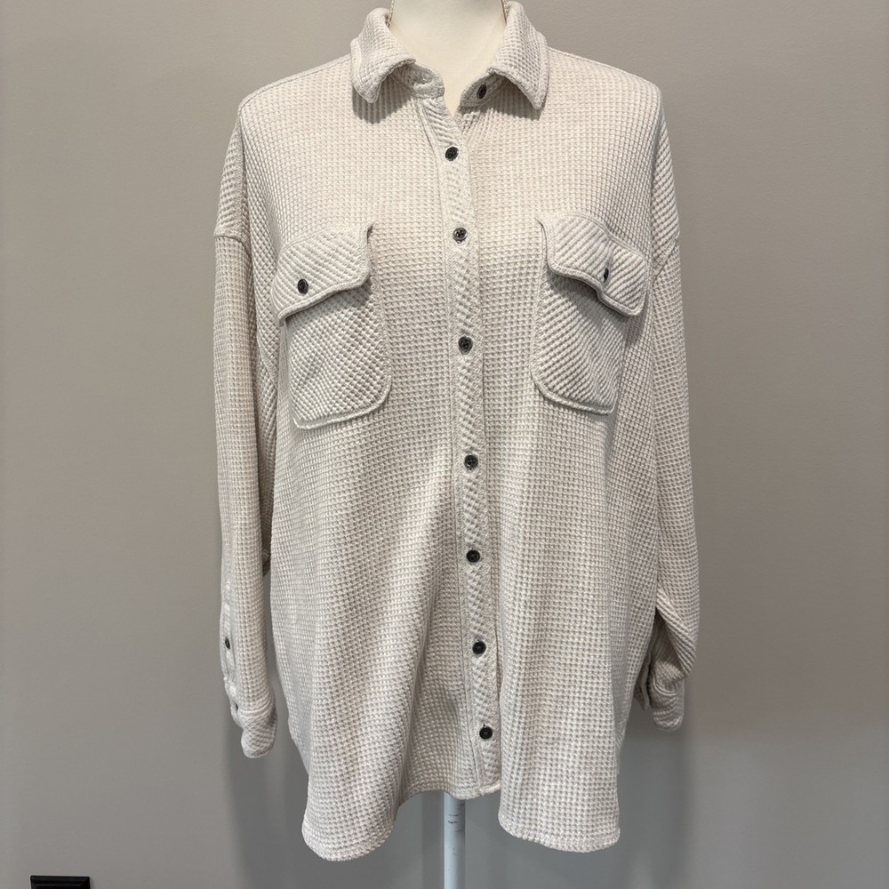 Aerie Shacket Womens Large Ivory Lumberjane Oversize Button Up Waffle Thermal